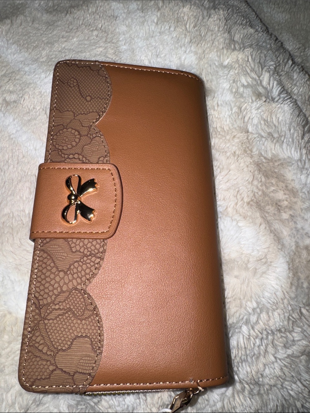 Women's Tan Faux Leather Wallet with Gold Bow Accent - Picture 4 of 8